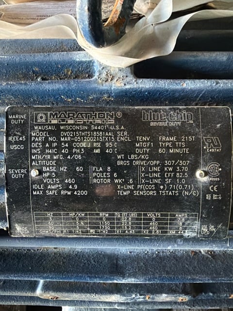 5 HP 1200 RPM Marathon, Frame 215T, TEFC, 460 Volts - Image 1