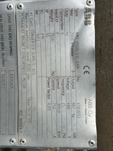 667 HP 300 RPM ABB, Frame AMZ0500LG10 RAM, TEFC, 25 Hz, 460 Volts - Image 2