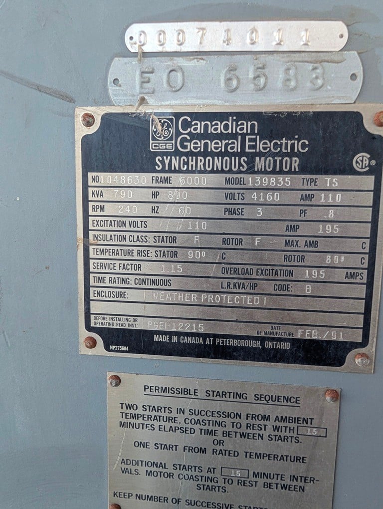 800 HP 240 RPM General Electric, Frame 6000, Type TS, Exc Volts 110, 4160 Volts - Image 6