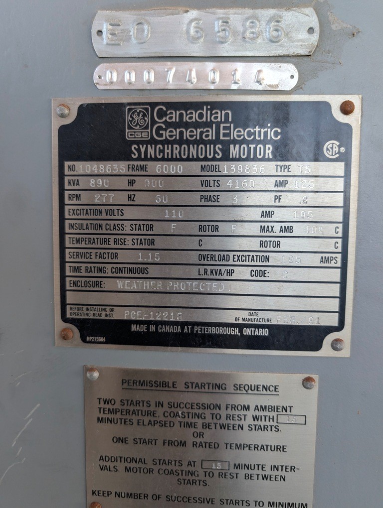 900 HP 277 RPM Canadian General Electric GE, Frame 6000, Exc Volts 110, Type TS, 4160 Volts - Image 3