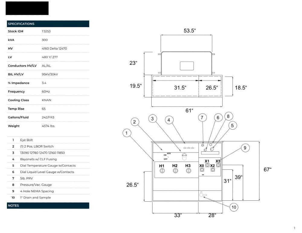 300 KVA 4160 Delta X 12470 Primary, 480Y/277 Secondary, PAD, recon (shipment available in 10 days) - Image 1