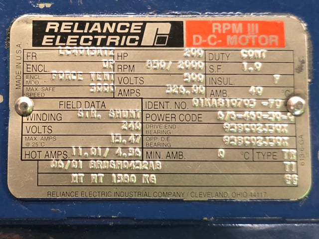 200 HP 900 RPM Reliance, Frame LC4013ATZ, DPFVBB, 500 VA, 240 VF - Image 3