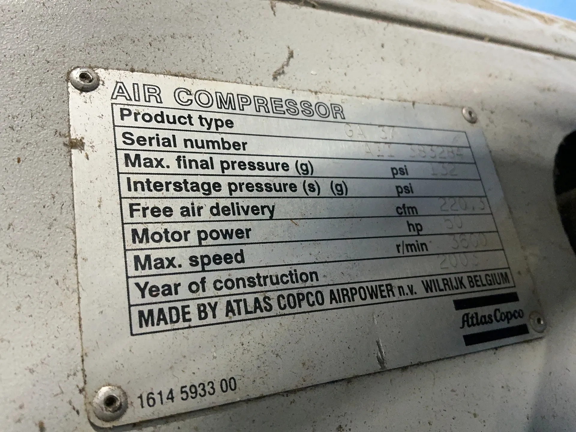 220 cfm, 132 psig, Atlas Copco #GA-37, Rotary Screw Air Compressor, 50 HP, 3600 RPM, 2003 - Image 3