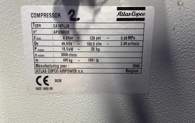 105 cfm, 129 psi, Atlas Copco #GA18Plus, Rotary Screw Air Compressor, 25 HP, 3550 RPM, 2006 - Image 9