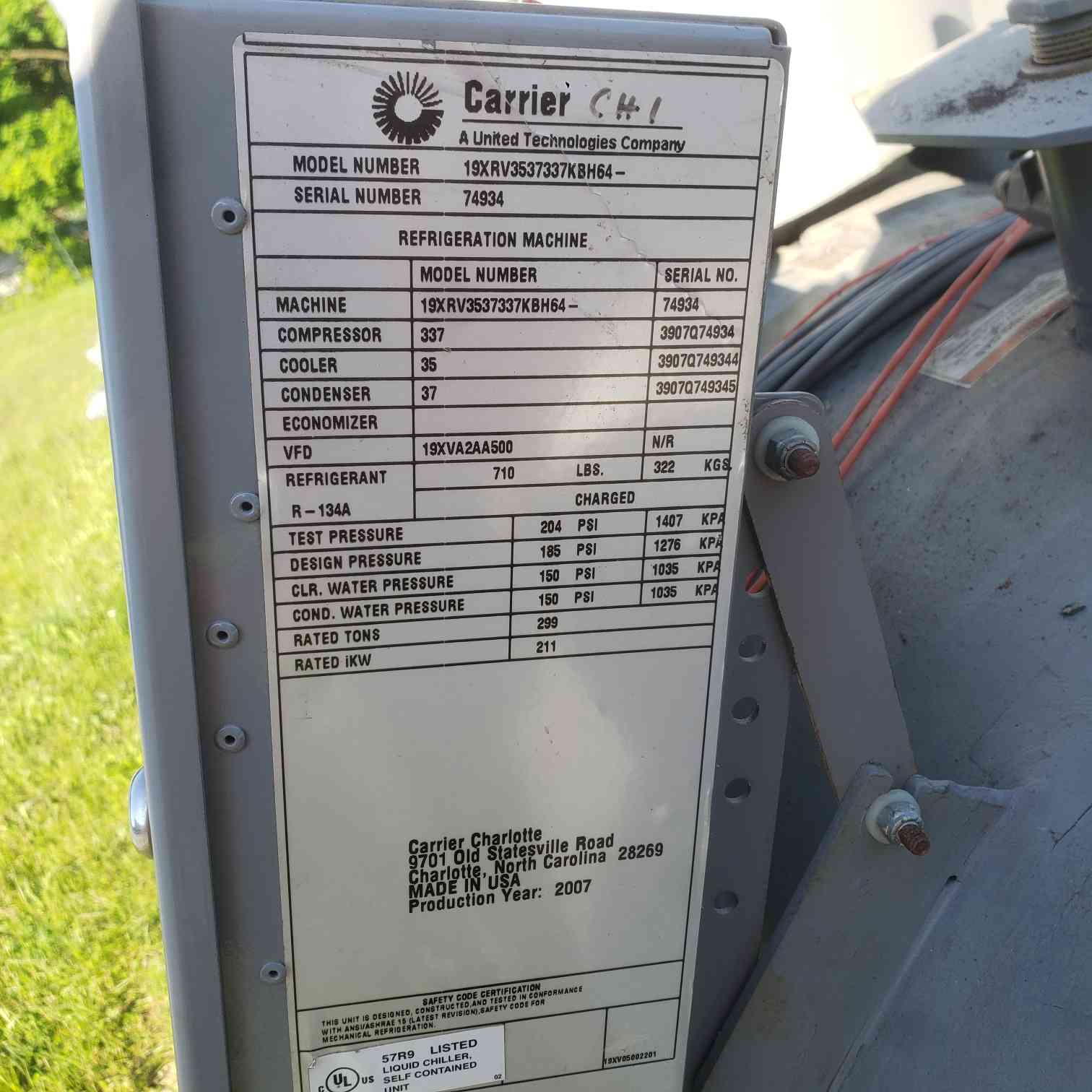 300 Ton, Carrier #19XRV3537337KBH64, Centrifugal Water Chiller, VFD, Evergreen 19XRV, AS IS - Image 6