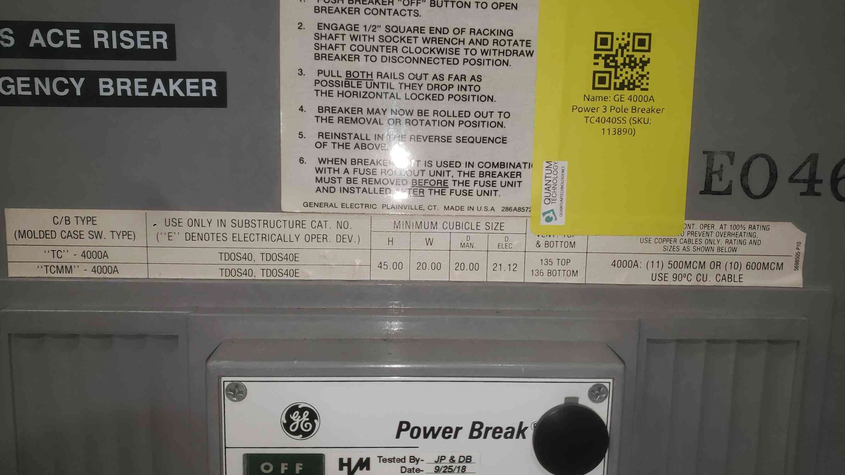 4000 Amp GE Power Break #TC4040SS, Circuit Breaker, 3 Pole, MicroVersaTrip MS-9, 480 Volts - Image 8