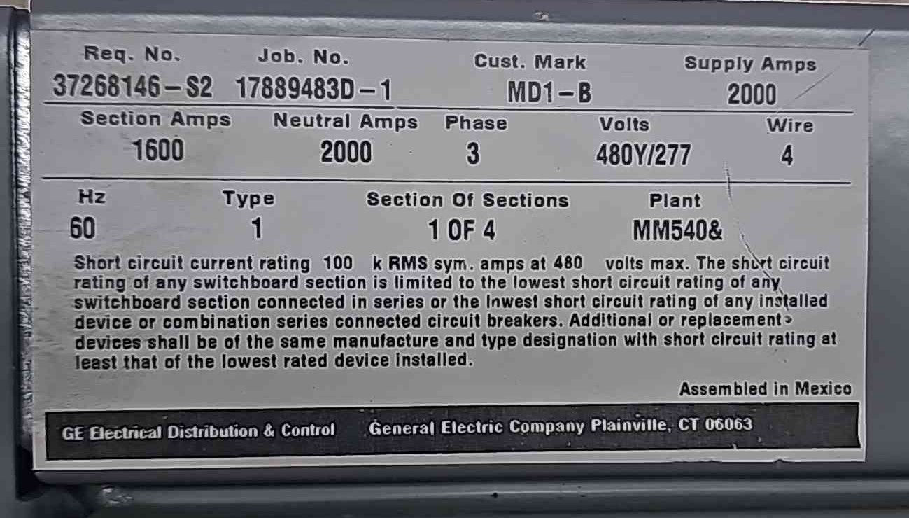 2000 Amp, GE #Power-Break-II, Switchboard Panelboard, 480 Volts, 3PH, 100kA, SSF16G216 - Image 3