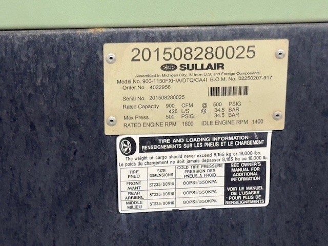 1150 CFM Sullair #900/1150XH, Skid Mounted Air Compressor, 24 Hours, 2015 - Image 4