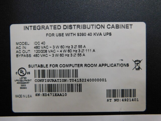Eaton 9390-40 UPS, IDC & battery cabinet, 20 KVA, IDC40, 1085, 480 V. - Image 5