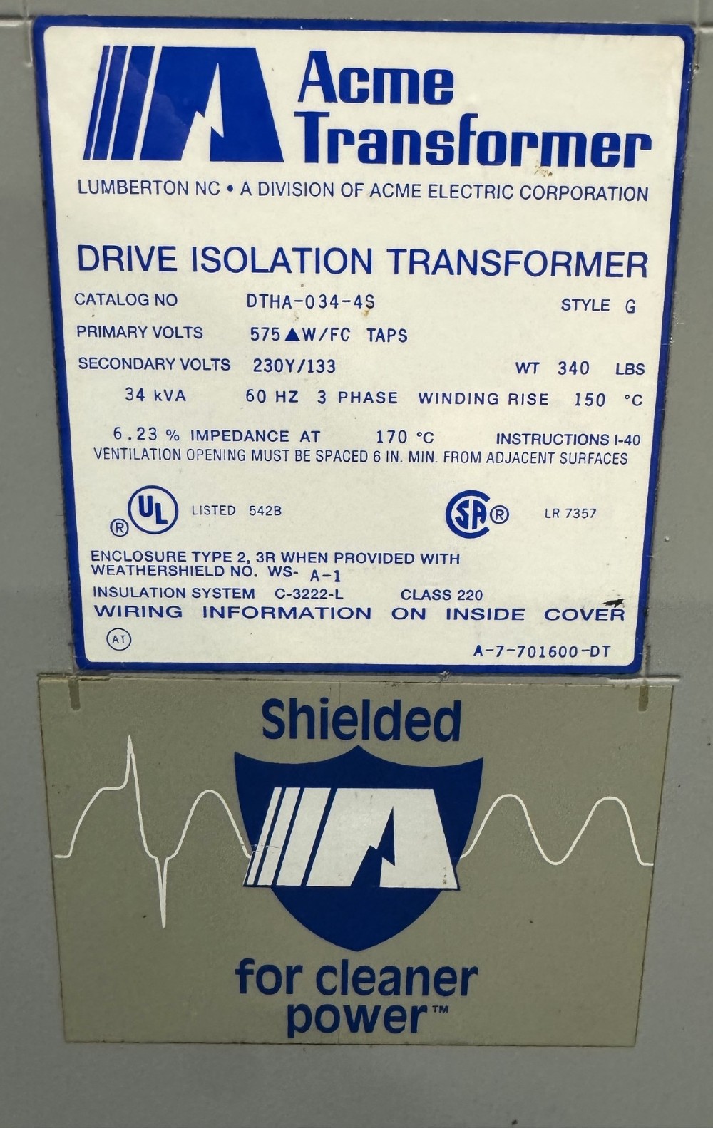 34 KVA 575 Primary, 230Y/133 Secondary, Acme Transformer DTHA-034-4S - Image 4