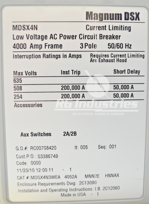 4000 Amps, Cutler-Hammer, Magnum DSX, MDSX4N3WEA, LSI DIG520, aux sw, new in box - Image 3
