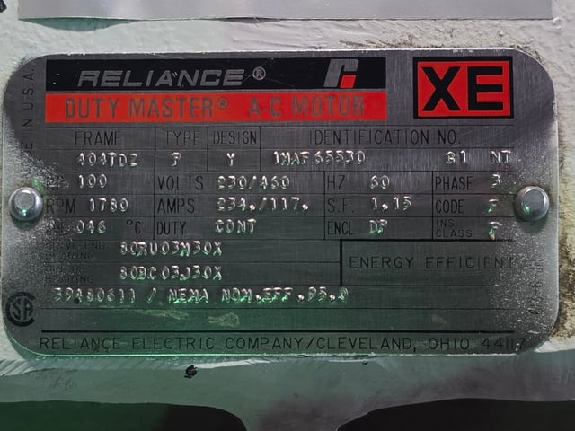 100 HP 1800 RPM Reliance, Frame 404TDZ, Drip-Proof Ball Bearing, 230/460 Volts - Image 3