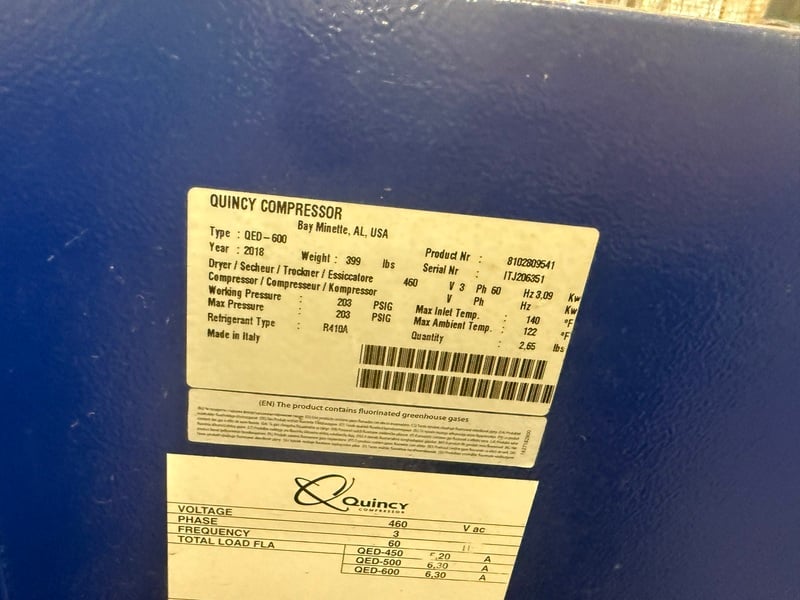 132 psi, Quincy #QGV-60, Rotary Screw Air Compressor w/ Quincy Refrigerated Air Dryer, 60 HP, R410A - Image 4