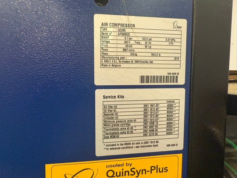132 psi, Quincy #QGV-60, Rotary Screw Air Compressor w/ Quincy Refrigerated Air Dryer, 60 HP, R410A - Image 5