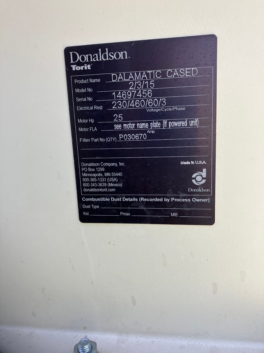 8000 cfm Donaldson Toirt Dalamatic Cased #2/3/15, explosion proof collector, 12" static pressure - Image 5