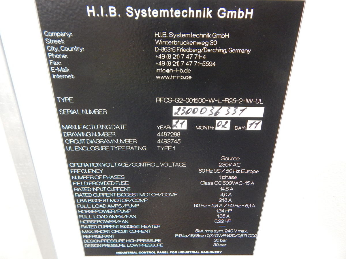 H.I.B. Systemtechnic #RFCS-G2-001500-W-L-R25-2-IW-UL, Chiller, 1.5 KW, UL type 1 enclosure, R134a, 2021 (2 - Image 3