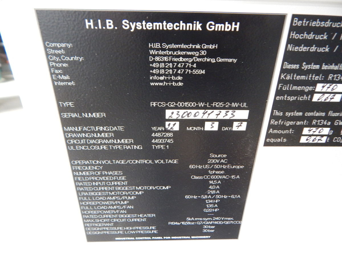 H.I.B. Systemtechnic #RFCS-G2-001500-W-L-R25-2-IW-UL, Chiller, 1.5 KW, UL type 1 enclosure, R134a, 2022 - Image 3