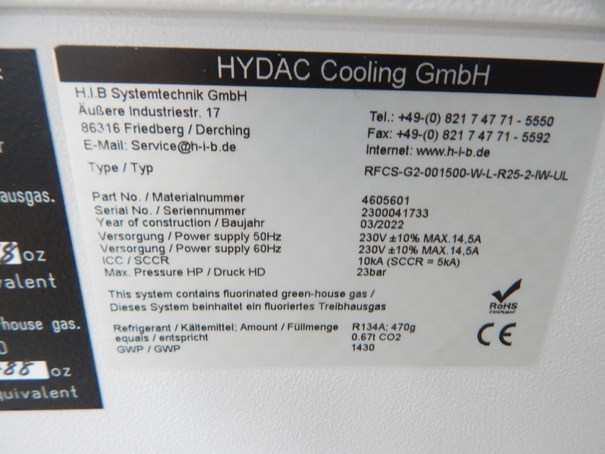 H.I.B. Systemtechnic #RFCS-G2-001500-W-L-R25-2-IW-UL, Chiller, 1.5 KW, UL type 1 enclosure, R134a, 2022 - Image 5