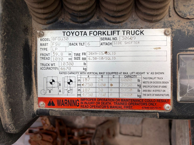 6000 lb. Toyota #8FGU30, LPG Forklift, 187" Max Lift Height, 2010 - Image 3