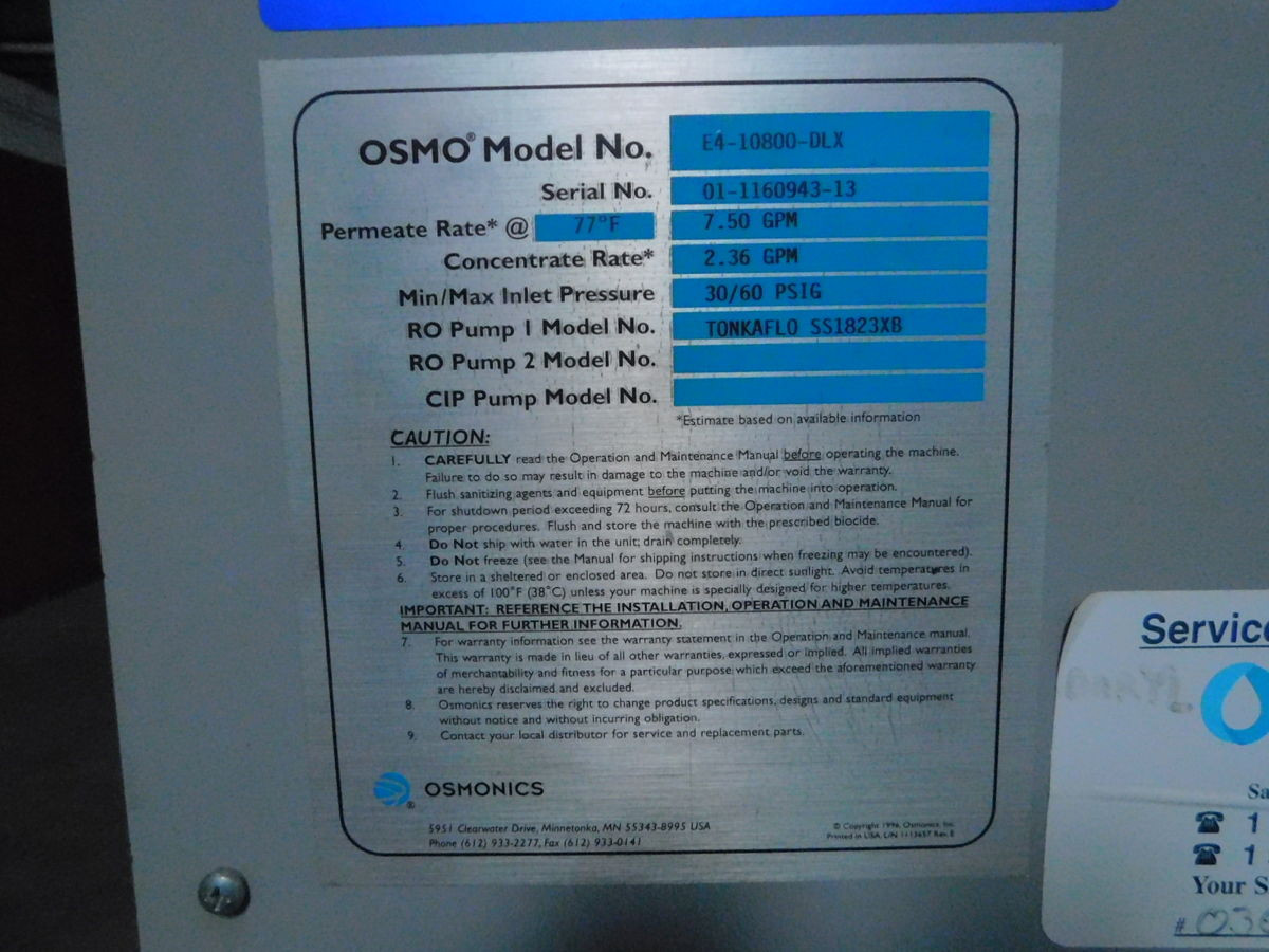 Osmonics #E4-10800-DLX, Reverse Osmosis System, 480 V., 3PH, 10800 GPD Capacity - Image 10