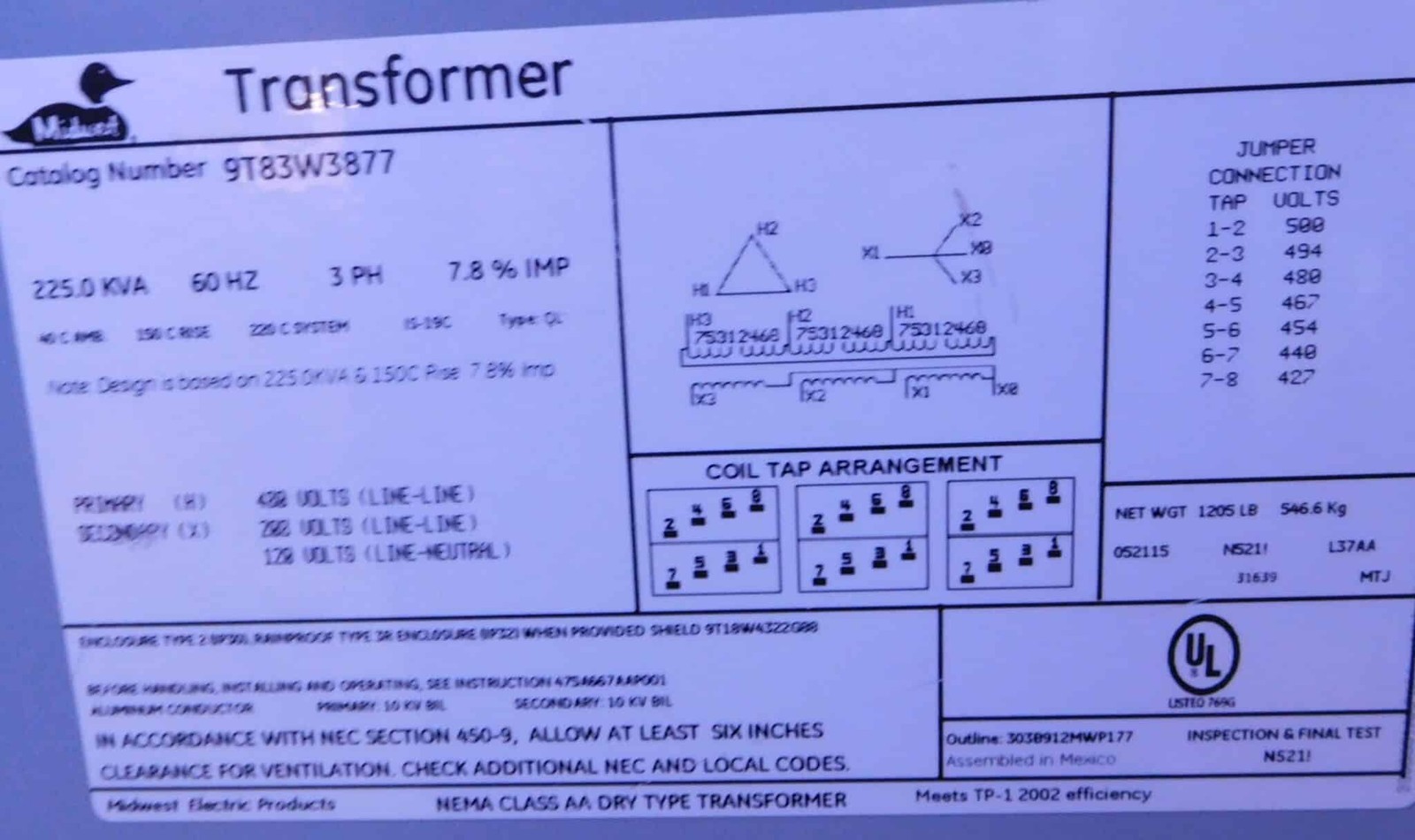 225 KVA 480 Primary, 208Y/120 Secondary, Midwest #9T83W3877, Dry-Type Distribution Transformer, 3PH - Image 2