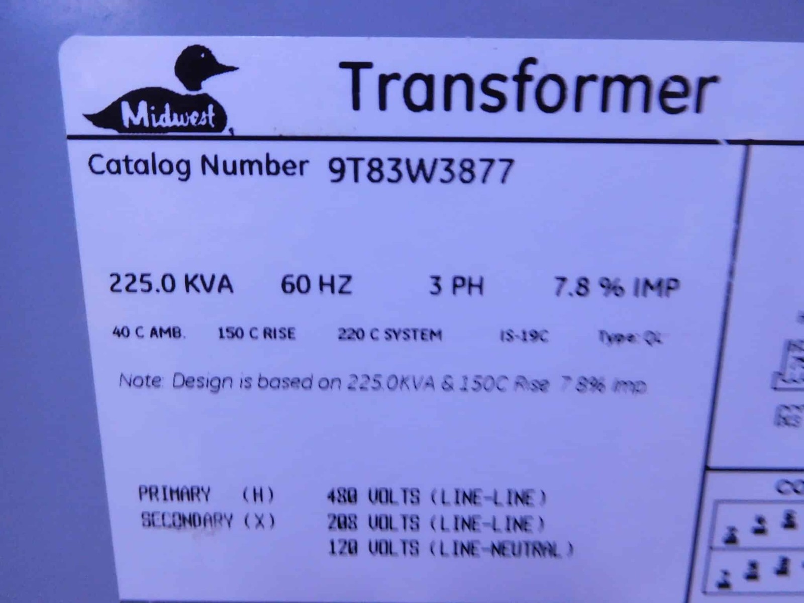 225 KVA 480 Primary, 208Y/120 Secondary, Midwest #9T83W3877, Dry-Type Distribution Transformer, 3PH - Image 3