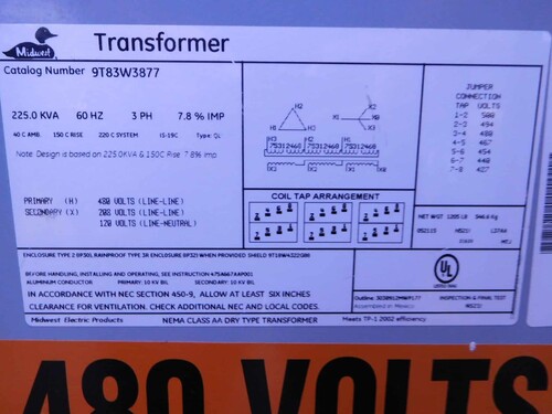 225 KVA 480 Primary, 208Y/120 Secondary, Midwest #9T83W3877, Dry-Type Distribution Transformer, 3PH - Image 10