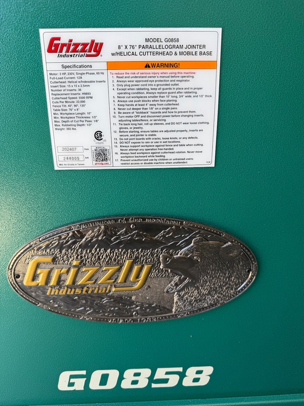8" Grizzly #G0858, 8" Parallelogram Jointer, helical cutterhead, precision tables, 2025, Open Box - Image 6