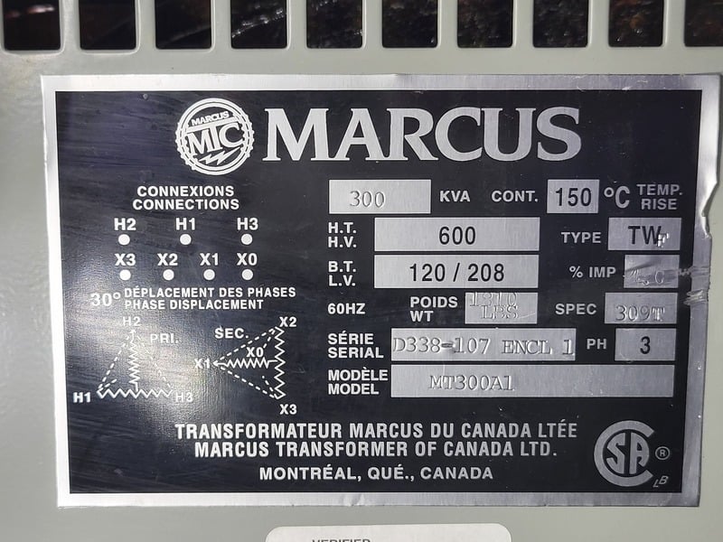 300 KVA 600 Primary, 120/208 Secondary, Marcus #MT300A1, Dry Type Transformer, like new - Image 2