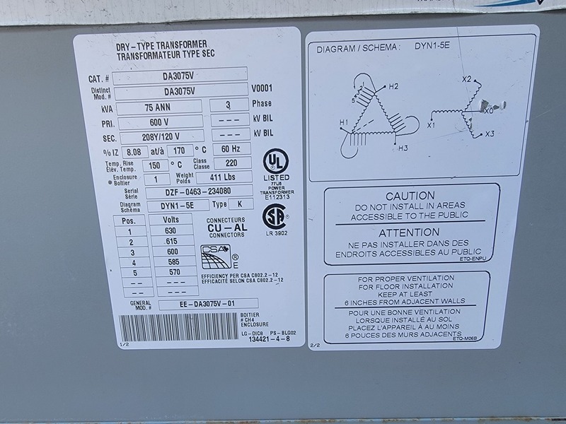 75 KVA 600 Primary, 208/120 Secondary, Dry Type Transformer, Nema 1 - Image 2