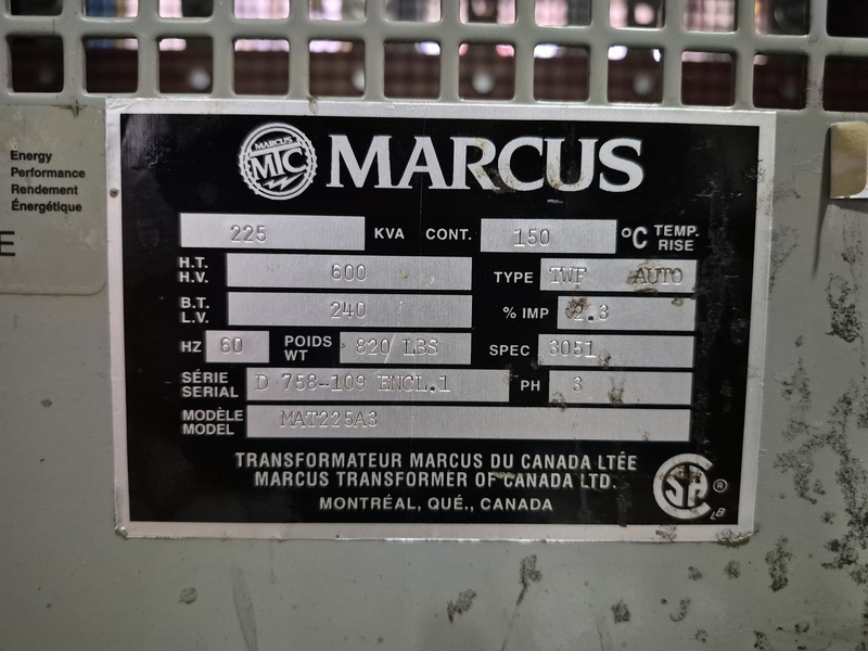 225 KVA 600 Primary, 240 Secondary, Marcus Transformer #MAT225A3, Dry Type Transformer, Nema 1 - Image 2
