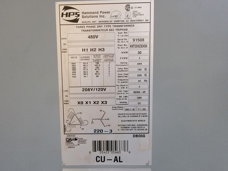 30 KVA 480 Primary, 208/120 Secondary, Hammond Power Solutions #NMT20K030KBK, Dry Type Transformer, Nema 3R - Image 3