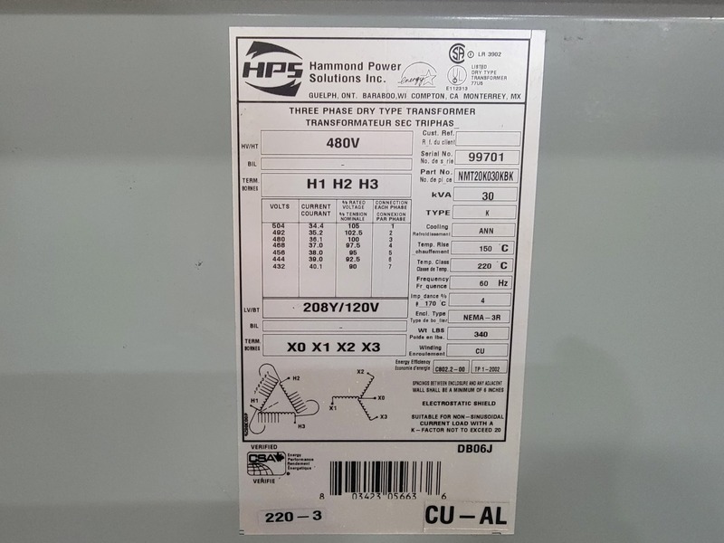 30 KVA 480 Primary, 208/120 Secondary, Hammond Power Solutions #NMT20K030KBK, Dry Type Transformer - Image 2