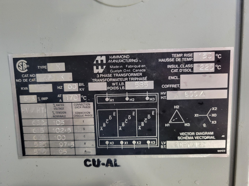 75 KVA 600 Primary, 208/120 Secondary, Hammond Manufacturing #K759K, Dry Type Transformer - Image 2