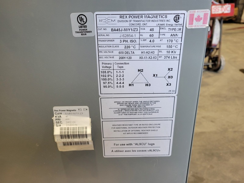 45 KVA 600 Primary, 208/120 Secondary, REX Power Magnetics #BA45J-M/Y1/Z3, Dry Type Transformer, Nema 3R - Image 2