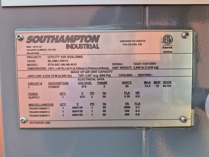Southampton #RTH-95C-N0-N0-N10, Make-Up Air Unit/Air Mixing Unit, 9,535 CFM, 2021, new surplus (2 available) - Image 2