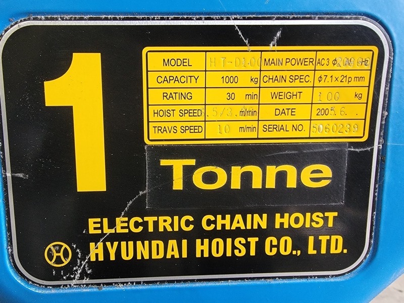 1 Ton, Hyundai #HT-D100, ne Electric Chain Hoist 4 m Dual Speed w/ Motor-Driven Trolley, 2005 - Image 2
