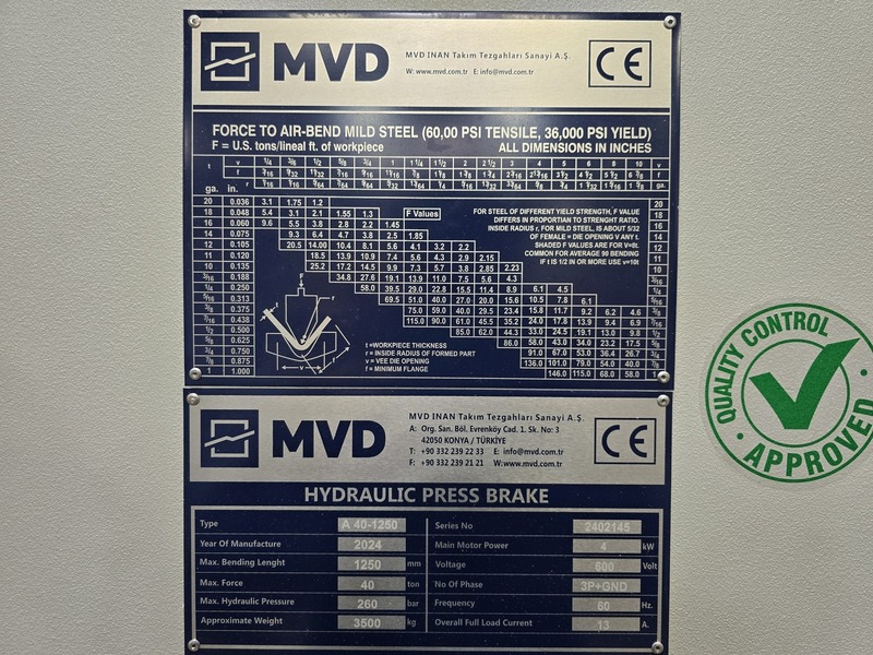 40 Ton, MVD #A40-1250, CNC Hydraulic Press Brake, 4.1' overall, 8-1/4" stroke, 16-1/8" throat, Delem DA-53T - Image 2