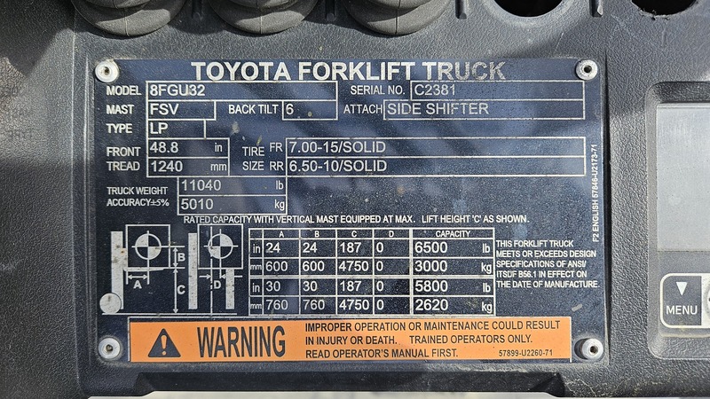 6,500 lb. Toyota #8FGU32, dually forklift, LPG, 187" lift, 3-stage mast, cushion tires, sideshift, 2,746 - Image 2