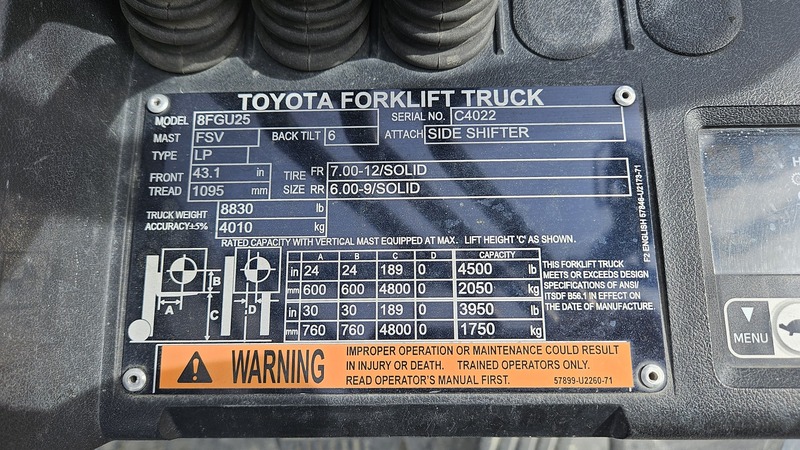 5,000 lb. Toyota #8FGU25, forklift, LPG, 180" lift, 3-stage mast, pneumatic tires, sideshift, 3,681 hours - Image 2