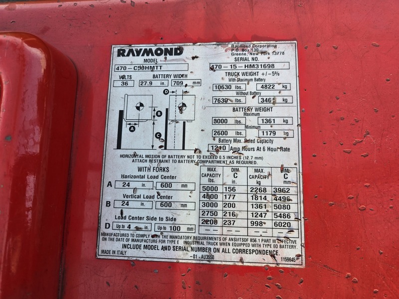 5,000 lb. Raymond #470-C50HMTT, forklift, electric, 189" lift, 3-stage mast, cushion tires, sideshift, 7,199 - Image 2