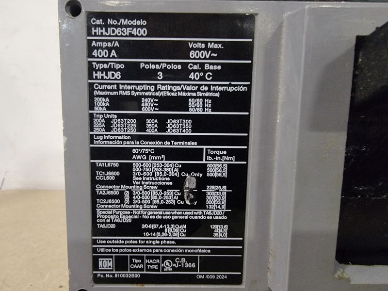 400 Amps, Siemens #HHJD63F400, 3 Pole, 600 Volts Molded Case Circuit Breaker w/ Trip Unit - Image 2