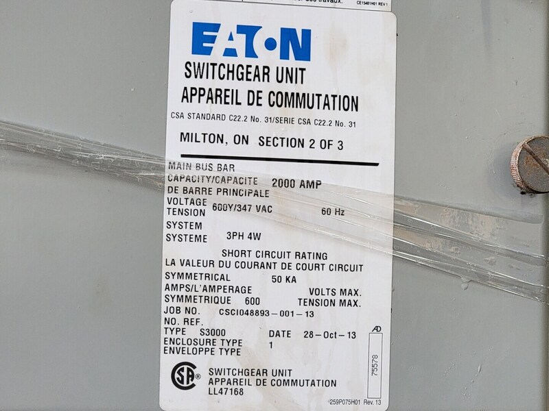 Eaton #S3000, Low Voltage Switchgear Lineup - 2000 Amps, 600Y/347 Volts, 3 Phase, 50kA - 3 Sections, 2013 - Image 3