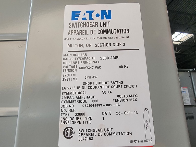 Eaton #S3000, Low Voltage Switchgear Lineup - 2000 Amps, 600Y/347 Volts, 3 Phase, 50kA - 3 Sections, 2013 - Image 4