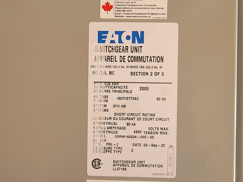 2000 Amps 480Y/277 Volts Eaton Switchgear Power Distribution Center w/ 45 KVA Transformer & Panels - Image 5
