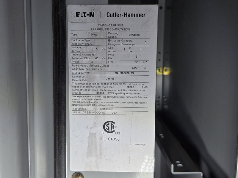 5 KV, Eaton Cutler-Hammer #MVS2, Medium Voltage Switchgear w/ 2400-4169 Volts Transformer 18L0015WH, 2006 - Image 2