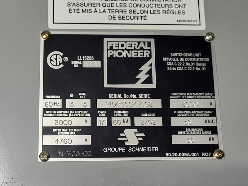 4 KV, Federal Pioneer, 2000 Amps Medium Voltage Switchgear w/ VR Breaker & SEL Relay, 2002 - Image 2