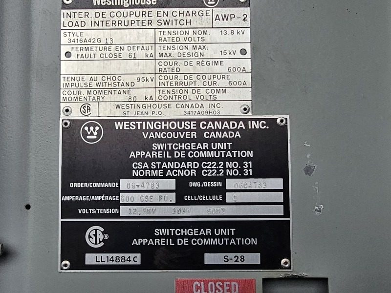 13 KV, Westinghouse #AWP-2, 600 Amps Load Interrupter Switchgear w/ 1000 KVA 12470 Volts-600Y/346 Volts - Image 2