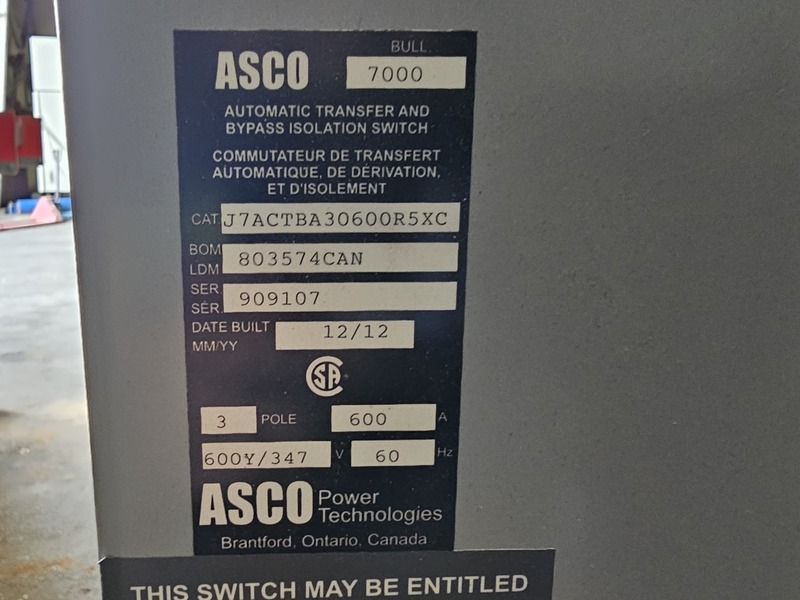 Asco #J7ACTBA30600R5XC, 600Y/347 Volt, 600 Amps 7000 Series Automatic Transfer and Bypass Isolation Switch - Image 2