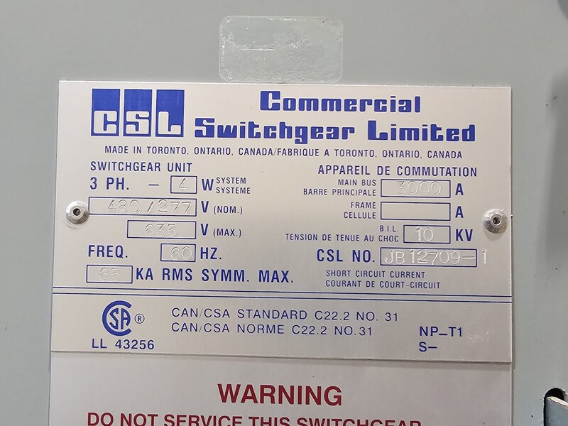 CSL, 3000 Amps 480/277 Volts Switchgear Section w/ (3) Masterpact NW12 H1 Breakers - 65kA, 3PH - Image 2